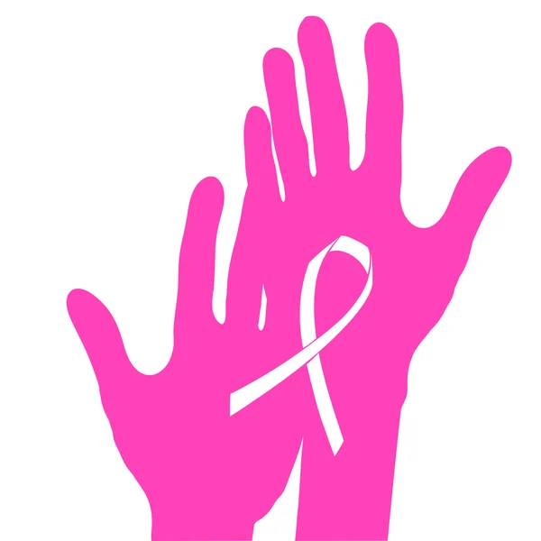 Manos sosteniendo cinta de cáncer de mama, ilustración vectorial. — Archivo Imágenes Vectoriales