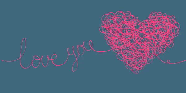 "love you" words and heart shaped line scribbles on letter forma — Stock Vector
