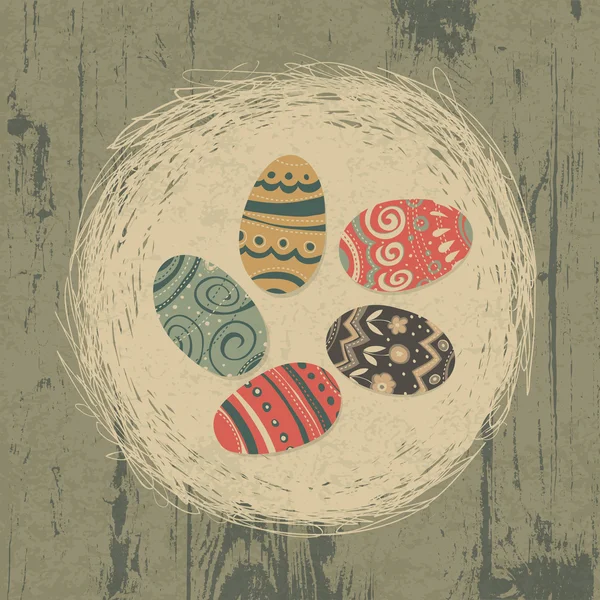 Œufs de Pâques au nid sur texture bois. Fond pascal, rétro — Image vectorielle