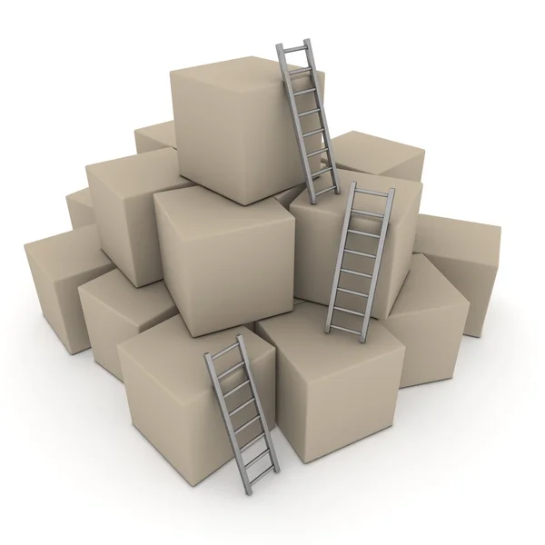 Batch of Boxes - Climb up with Glossy Grey Ladders Stock Photo