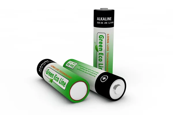 Três baterias Eco modernas no branco — Fotografia de Stock