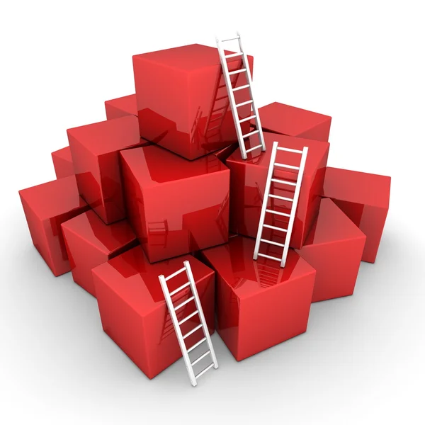 Batch of Shiny Red Boxes - Climb up with Bright White Ladders — Stock Photo, Image