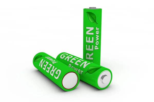 Três baterias ecológicas verdes no branco — Fotografia de Stock