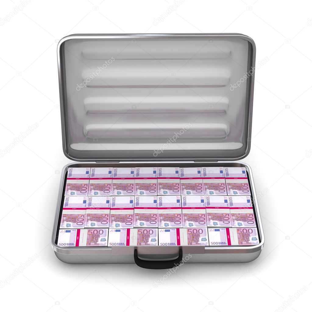 Open Silver Grey Briefcase with Euro Notes