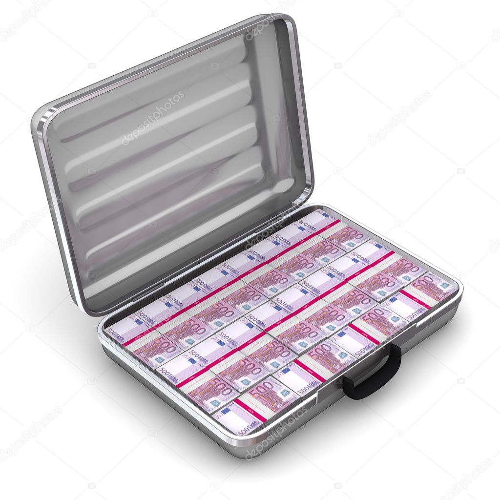 Open Silver Grey Briefcase with Euro Notes