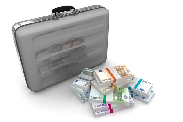 Pacotes em dinheiro euro e maleta cinza prata escura — Fotografia de Stock