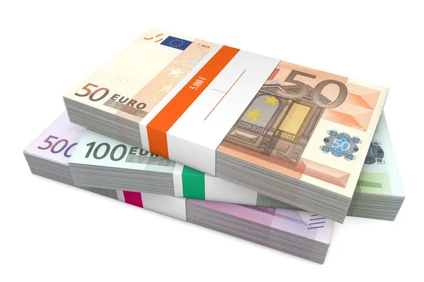 Tres paquetes de diferentes billetes en euros con envoltura bancaria —  Fotos de Stock
