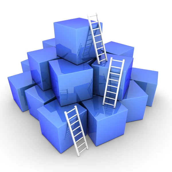 Batch van glanzende blauwe dozen - klimmen met heldere witte ladders — Stockfoto