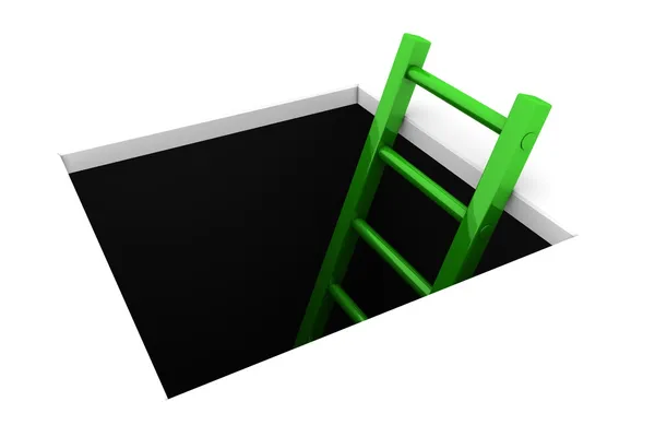 Vylez z díry - Lesklý zelený žebřík — Stock fotografie
