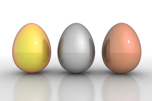 Tres huevos metálicos en una línea - Oro, Plata, Bronce — Foto de Stock