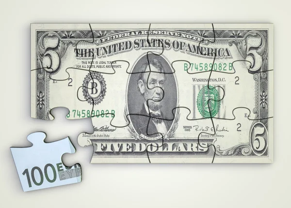 5 Dolar Nota Puzzle e Euro Peça — Fotografia de Stock