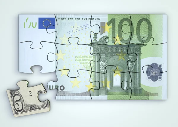 100 Євро Примітка головоломка і долар шматок — стокове фото