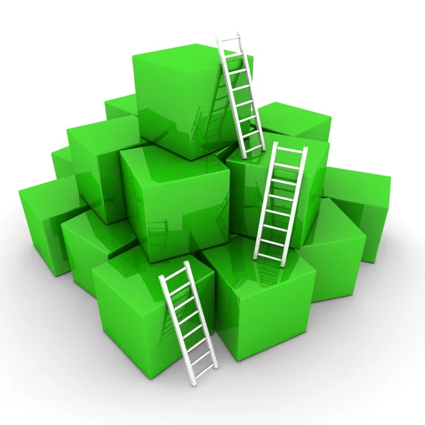 Batch of Shiny Green Boxes - Climb up with Bright White Ladders — Stock Photo, Image