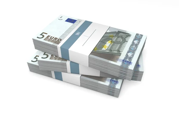 Tři pakety 5 euro bankovek s bankovní obálky — Stock fotografie