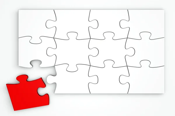 Biały puzzle z góry - czerwony kawałek oddzielne — Zdjęcie stockowe