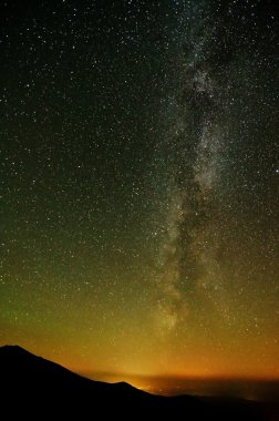 Milky way over city lights and mountains clipart