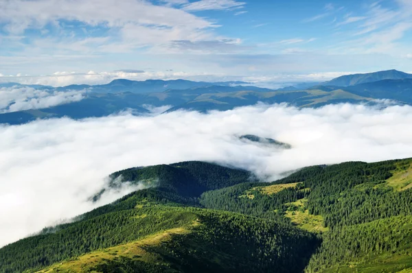 Paisagem com montanhas e florestas sob nuvens — Fotografia de Stock