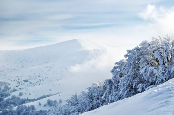 Karlı dağ tepe üzerine bulutlu gökyüzü — Stok fotoğraf