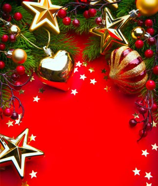 Art christmas frame with Christmas Decorations on red background clipart