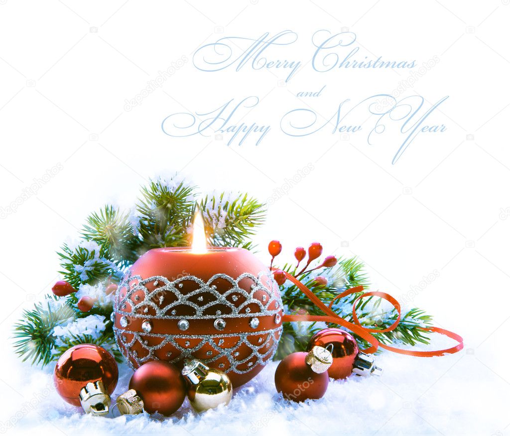 Christmas greeting card with Christmas Decorations on white bac
