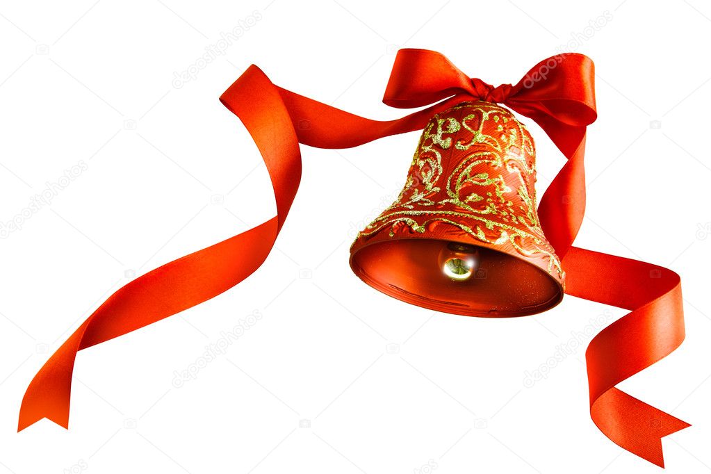 Christmas bells with red ribbon isolated on white background