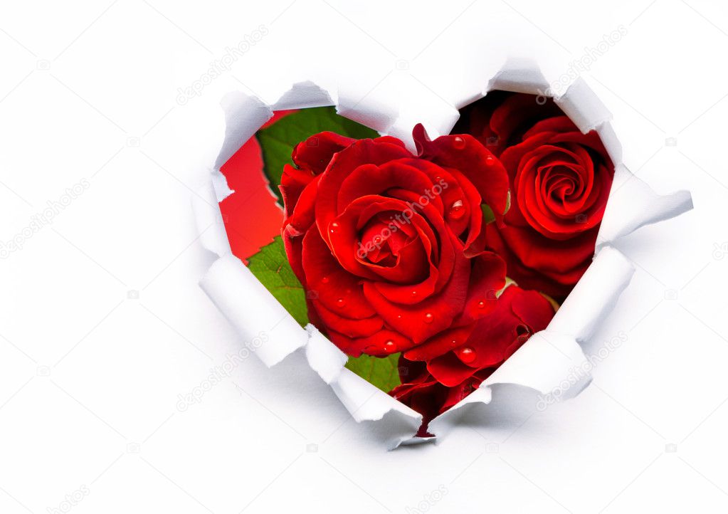 Art bouquet of red roses and the paper hearts on Valentine's Day