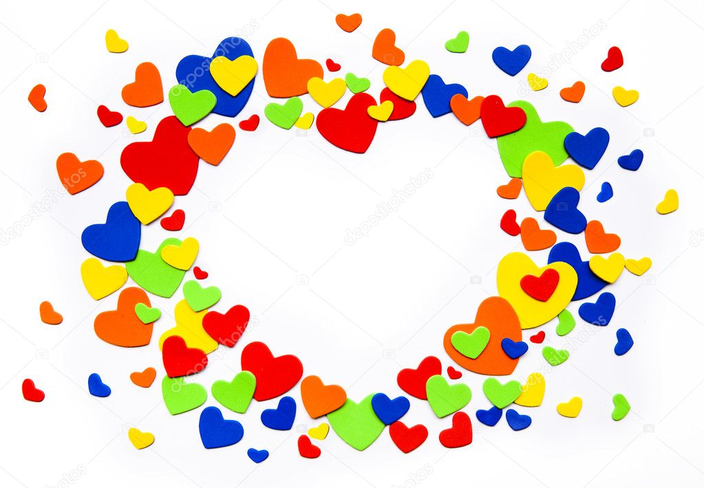 Art colorful love hearts on a white background