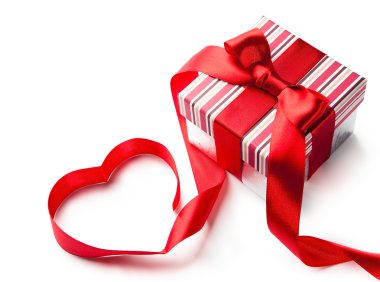 Art gift box with red ribbon in heart shape isolated on white ba clipart