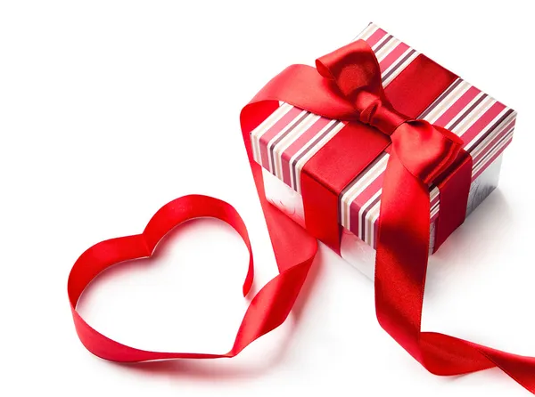 Art gift box with red ribbon in heart shape isolated on white ba — Stock Photo, Image