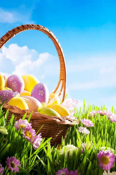 Τα διακοσμημένα αυγά Πάσχας στο γρασίδι με λουλούδι — Φωτογραφία Αρχείου