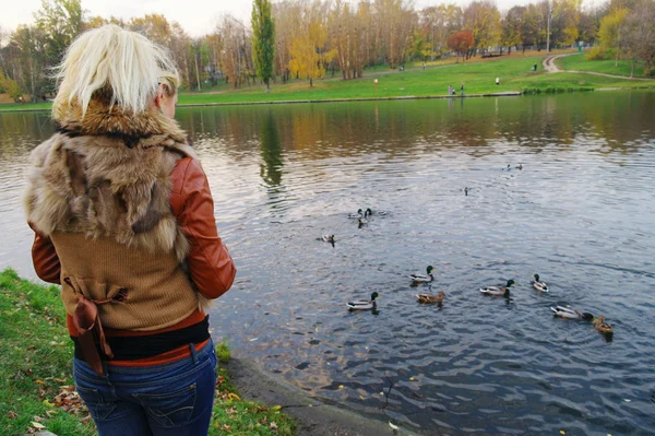 A girl feeds the ducks at the pond in the park in autumn — Stock Photo, Image