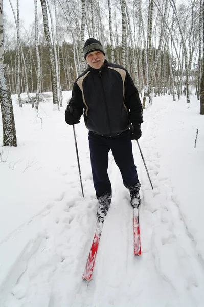 Un homme âgé se tient debout sur le ski de fond dans le parc en hiver Image En Vente