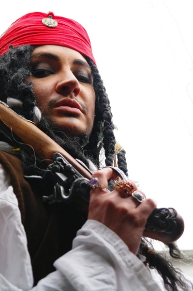 stock image Portrait of the actor in the guise of Jack Sparrow on a sailing ship