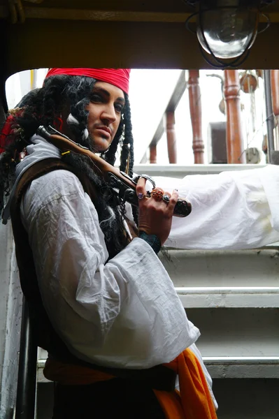 stock image Actor in the guise of Jack Sparrow on a sailing ship gangway Castor-1