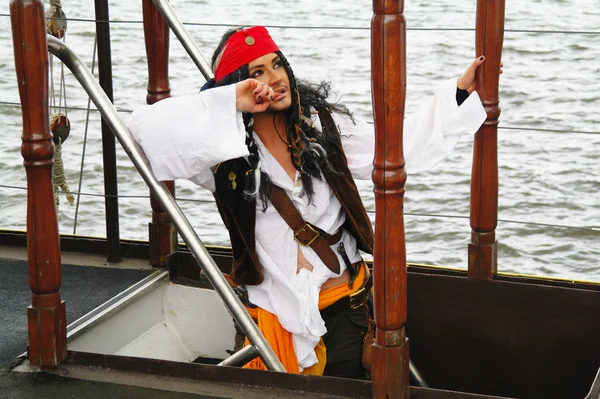 stock image Actor in the guise of Jack Sparrow on a sailing ship gangway Castor-1