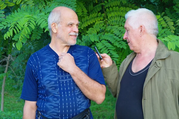 Два пожилых человека разговаривают на фоне листвы — стоковое фото