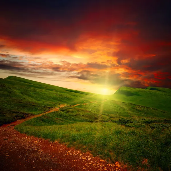Majestoso pôr do sol e caminho através de um prado — Fotografia de Stock