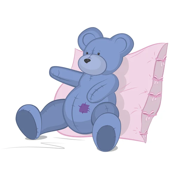 Blue Teddy bear on pink pillow — Stock Vector