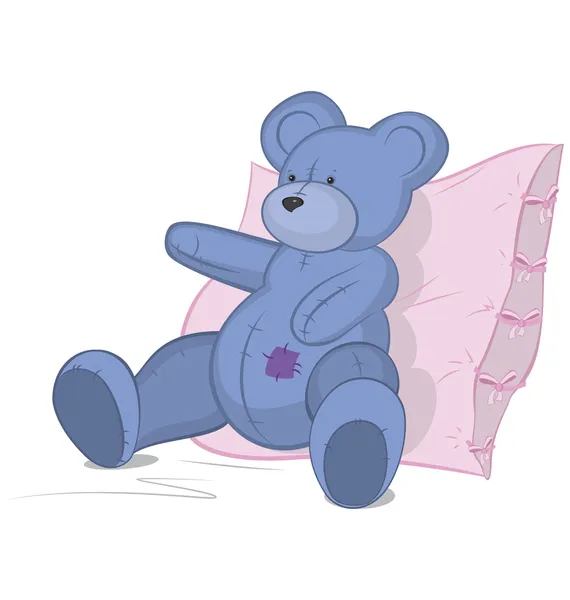 Blue Teddy bear on pink pillow — Stock Vector