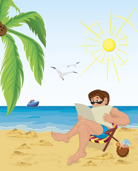 Man sitting in the chair on the beach reading newspaper — Stock Vector