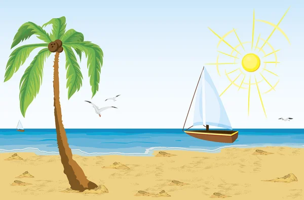 Палм-дерево на піщаному пляжі і кажана, що пливе в океані — стоковий вектор