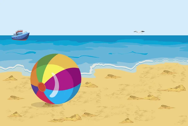 Большой красочный мяч на пляже чайка и корабль — стоковый вектор