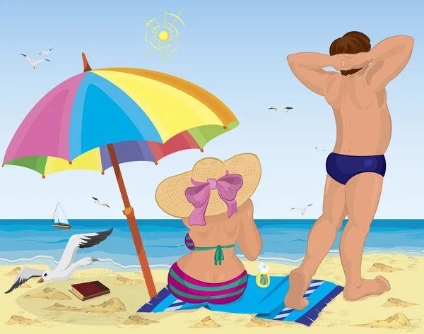 Ehepaar am Strand unter Sonnenschirm — Stockvektor