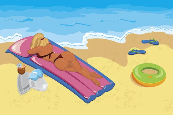 Jeune femme bronzer sur la plage — Image vectorielle