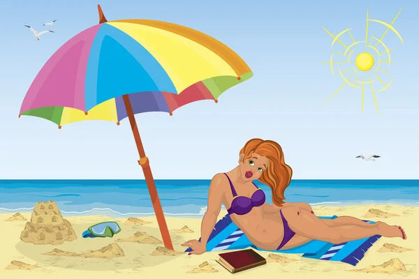 Sexy Mädchen am Strand unter buntem Regenschirm — Stockvektor