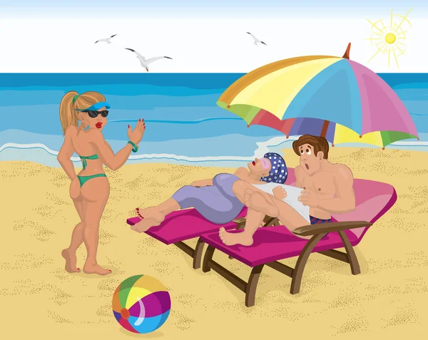 Παντρεμένο ζευγάρι κάτω από ομπρέλα στην παραλία — Διανυσματικό Αρχείο
