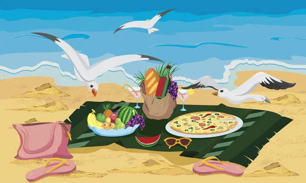 Seagulls are trying to steal food left on the beach — Stock Vector