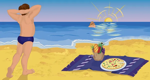 吃披萨在海滩上，情侣 — 图库矢量图片