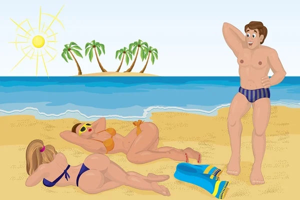 男人遇到两个日光浴女孩在海滩上 — 图库矢量图片