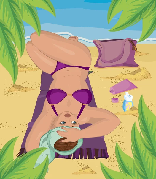 使用防晒乳液在海滩上的性感女人 — 图库矢量图片